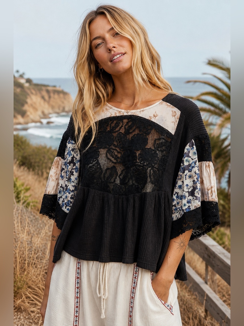 POL “ Moonlit Garden “ Lace & Floral Top | Black